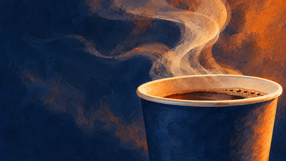Gouache study of steam curling up from an open cup against a dark indigo ground, lit orange along one edge.